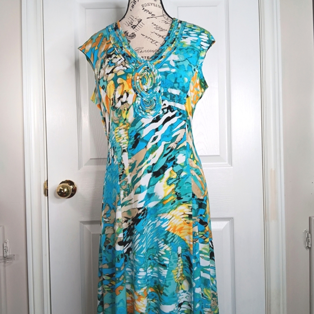 TanJay Sleeveless Ruched Maxi Dress Size 8 Teal Mulyi-Color Summer Party - Picture 4 of 13